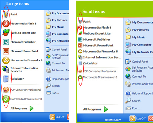 Figure 5 Selecting icon size for programs: large icons versus small icons